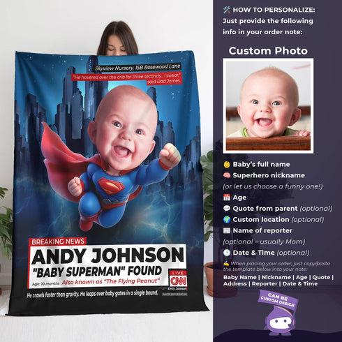 Personalized CNN Superhero Baby Blanket – Custom Name, Quote & Funny News Style
